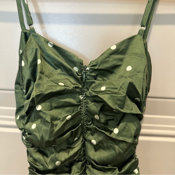 For Love & Lemons Paula Ruched Midi Dress Size XS Green Polka Dot - Picture 6 of 7